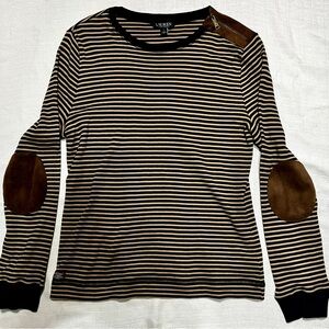 Lauren Ralph Lauren Black and Beige Striped Top with Faux Suede Sleeve Size L